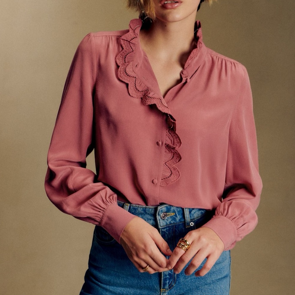 Sezane Chloe 100% Silk Shirt Rosewood FR42 US10 XL